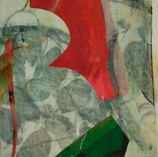 collage with green and red 60x60cm mixed medium on canvas